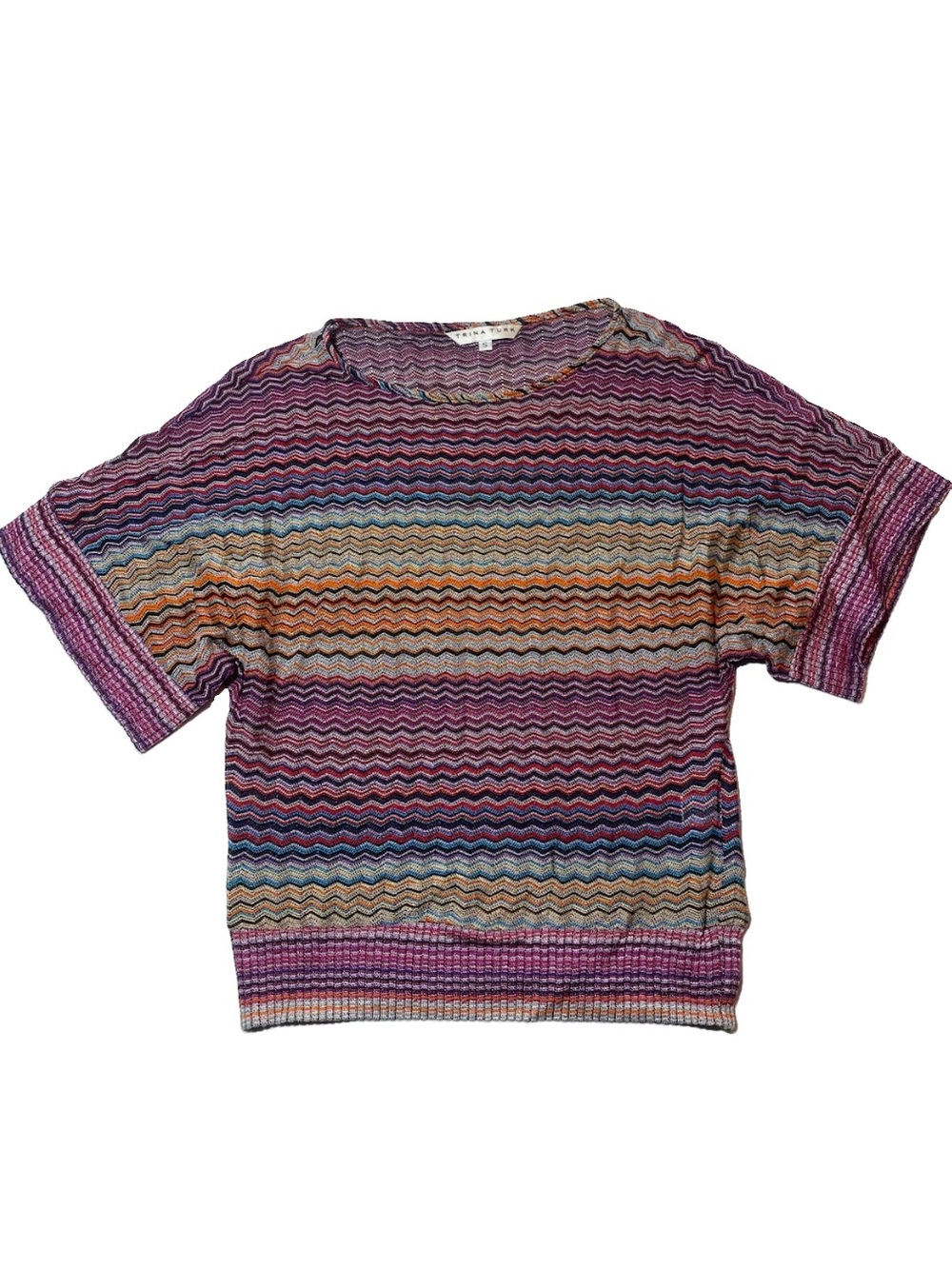 Trina Turk Chevron Knit Top Size Small Multicolor Zig Zag Short Sleeve Crewneck